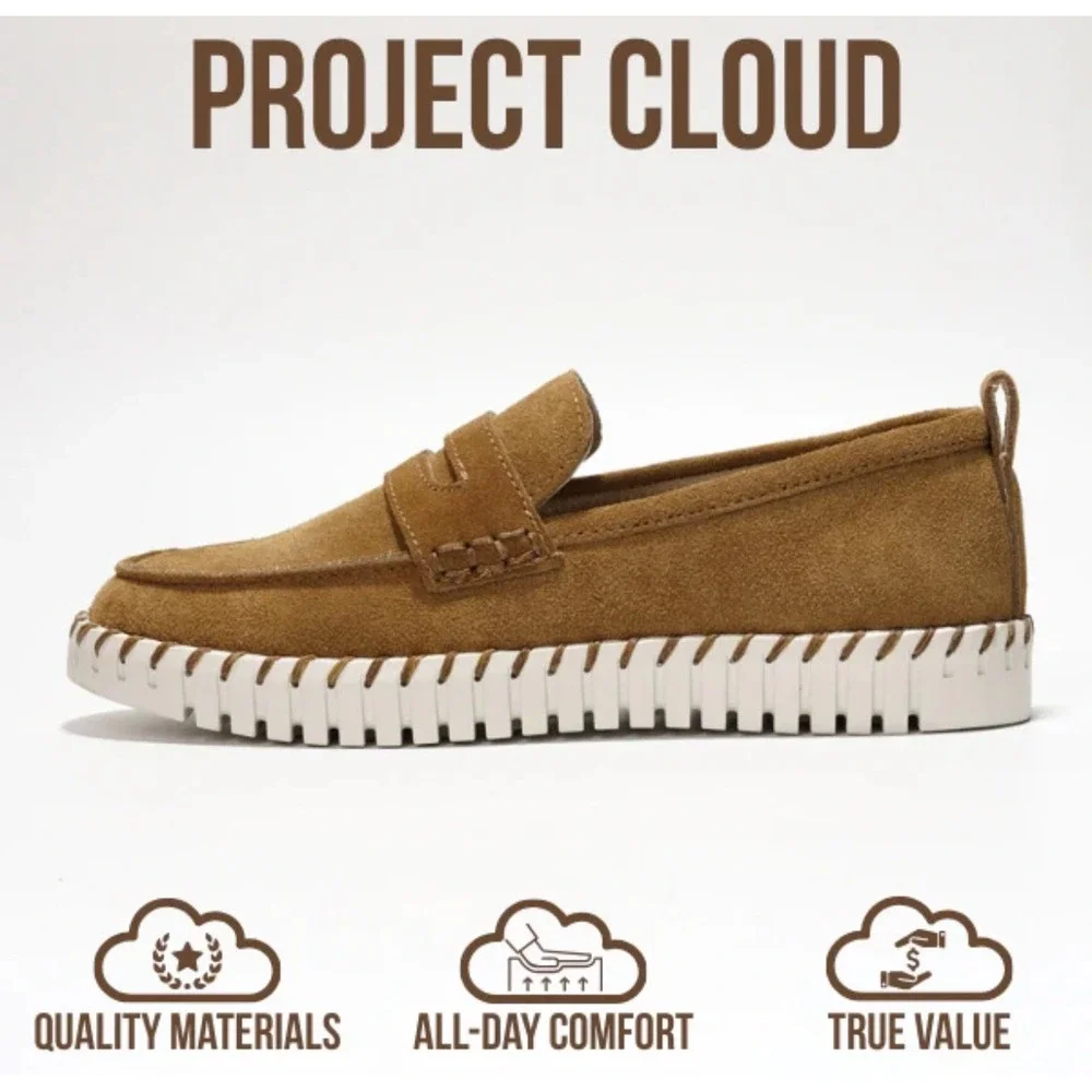 Project Cloud Filide.A Tan Suede Penny Loafers Womens 8.5 Memory Foam‎ Platform
